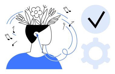 Müzik notalarıyla çevrili kulaklık takan kişi, kafasında çiçekler yaratıcılığı ve büyümeyi simgeliyor. Üretkenlik ve pozitiflik için vites ve kontrol noktası. Farkındalık, yaratıcılık ve refah için ideal.