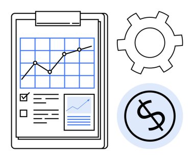 Not panosunda, çarkta ve dolar işaretinde yükselen veri grafiği olan performans çizelgesi. Finans, planlama, büyüme, yönetim, ekonomi, iş stratejisi için ideal basit bir iniş sayfası