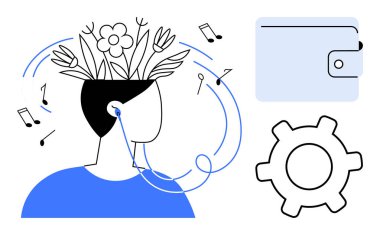 Üzerinde büyüyen çiçekler ve müzik notaları olan kulaklık takan kişi yaratıcılığı temsil ediyor, vites simgesi ve cüzdanın yanında. Yaratıcılık, yenilik, müzik, kendini ifade, finans, üretkenlik için ideal