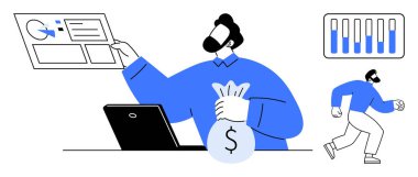 Veri tablolarını inceleyen, dizüstü bilgisayarın yanında para çantası tutan, bireysel ve bar grafiği olan bir adam. Finans, yatırım, girişimcilik, bütçe, analiz, strateji sade iniş sayfası için ideal