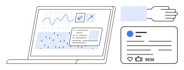 Bir el ve sosyal medya kartıyla birlikte grafikler, çizelgeler ve veri tabloları içeren dizüstü bilgisayar analitik gösterge paneli. Veri görselleştirme, analitik, sosyal katılım ve teknoloji için ideal