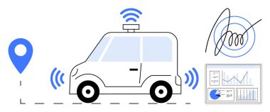 Radar dalgaları, lokasyon pimi, veri analiz paneli ve imza özelliğine sahip kendi kendine çalışan bir araba. Teknoloji, yapay zeka, otomotiv yeniliği, navigasyon, lojistik otomasyon için ideal basit iniş