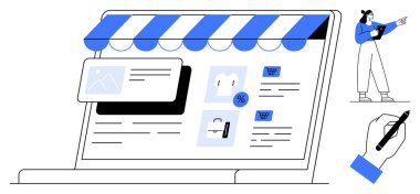 Bir dizüstü bilgisayarda dijital mağaza önü, ürün kartları, indirim rozetleri ve el arabası simgeleri. Veriye ve el yazısına bakan bir kadın. E-ticaret, pazarlama, iş, strateji ürünü için ideal