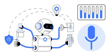 Robot görevlerini yerine getirirken veri analizini, parmak izi taramasını, ampul yeniliğini ve ses işlemeyi onaylıyor. Yapay zeka, yenilik, veri bilimi, teknoloji, robot otomasyonu için ideal basit