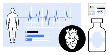 Kalp atışı grafiği insan figürü, teşhis çizelgesi ve ilaç şişesinin yanında. Sağlık, kardiyoloji, teşhisler, tıbbi araştırmalar, ilaçlar ve basit iniş kontrolleri için ideal