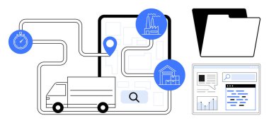 Konum pimleri, kronometre, sanayi ve konut simgeleri, belge klasörü ve analitik paneli olan kargo kamyonu haritada. Lojistik, tedarik zinciri, izleme ve veri yönetimi için ideal