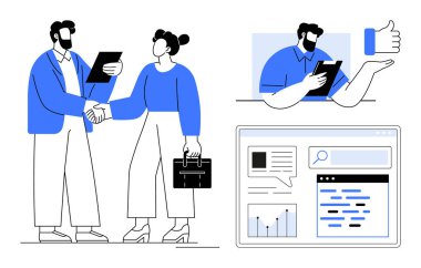 Profesyoneller el sıkışıyor, iş fikirlerini tartışıyor, torpido gözündeki verileri analiz ediyor ve işbirliği araçları kullanıyor. Takım çalışması, veri analizi, ağ oluşturma, çevrimiçi öğrenme, pazarlama için ideal