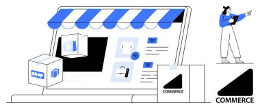 Tenteli dijital mağaza önü, ürün ikonları, alışveriş arabası, kutular ve ecommerce etiketi. Seçenekleri gösteren bir kadın. Çevrimiçi alışveriş, dijital pazarlama, perakende ticaret için ideal