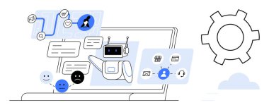 Robot kullanıcı geribildirimi, akış şeması, iletişim araçları, dişli simgesi, gülen ve üzgün yüzler ve grafikler ile etkileşime giriyor. Teknoloji, otomasyon, müşteri hizmetleri yeniliği için idealdir.