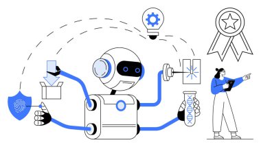 Laboratuvar analizi, veri güvenliği, ürün teslimatı ve araştırmacı gözlemlerken yenilik yapan dost canlısı robotlar. Teknoloji, yapay zeka, yenilik, araştırma, eğitim analizi için idealdir.