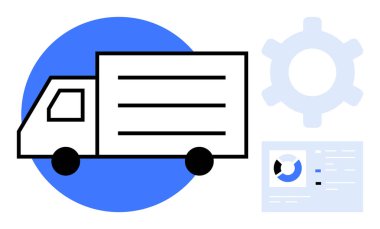 Bir dişli ikonu ve dijital gösterge panelinin yanındaki teslimat kamyonu lojistik, otomasyon ve verimliliği gösteriyor. İkmal zinciri, teknoloji, yenilik, iş, nakliye, ulaşım dairesi için ideal