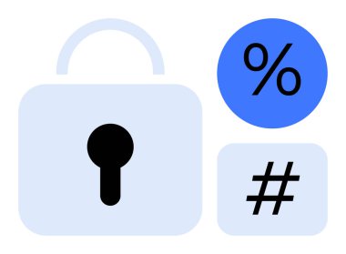 Anahtar deliği, üstveri etiketi ve yüzde sembollü asma kilit dijital güvenliği vurguluyor. Siber güvenlik, şifre koruması, veri gizliliği, şifreleme, kimlik doğrulama, çevrimiçi erişim için ideal basit