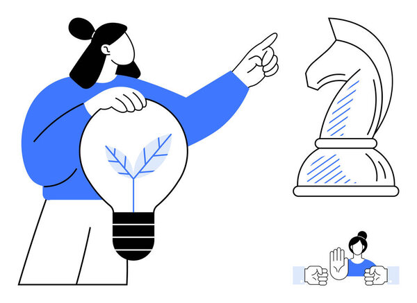 Женщина указывает на шахматного рыцаря, держа в руках лампочку, символизирующую стратегию, творчество и будущее планирование. Идеально подходит для инноваций, командной работы, бизнес-решений, лидерства, принятия решений