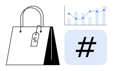 Veri tablosu ve meta veri sembolünün yanında satış etiketi olan kağıt alışveriş torbası. E-ticaret, perakende, analitik, trendler, sosyal medya, promosyonlar, basit iniş sayfası için ideal