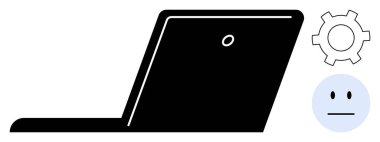 Bilgisayarı siyah siluette aç, ayarlar için teçhizat, kullanıcı tepkisi için nötr yüz. Teknoloji, yazılım, kullanıcı arayüzü, yapılandırma, sorun giderme, müşteri geribildirim sade iniş için ideal