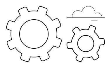 Farklı boyutlarda iki ana gövde işbirliği, makine ya da endüstriyel tema taşır. Bir minimalist bulut elementi veriyi, yeniliği, ölçeklenebilirliği referans alır. Takım çalışması ve bulut teknolojisi için ideal.