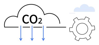 Aşağı doğru oklu CO2 bulutu karbon yakalamayı sembolize ediyor, ayrıca endüstriyel uygulamaları gösteren bir vites. Teknoloji, çevre, karbon azaltma, yenilik, sürdürülebilirlik, temiz