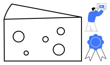 Dairesel delikli büyük peynir dilimi, başarı için mavi kurdele madalyası, video dersi tutan kişi. Gıda pazarlama, başarı, eğitim, sertifika, ödül, eğitim için ideal
