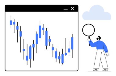 Bir tarayıcı penceresinde elinde büyüteç tutan birinin olduğu bir şamdan şeması. Finans, analitik, ticaret, veri analizi, ön x, borsa, eğitim rehberleri, basit iniş sayfası için ideal