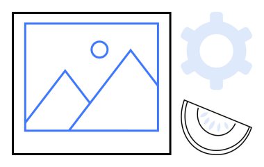 Dağlı, güneşli, vites ve dilimlenmiş minimalist bir manzara. Yaratıcılık, kişiselleştirme, yenilik, doğa, minimalizm, süreç tasarımı, soyut kavramlar için idealdir. Düz basit