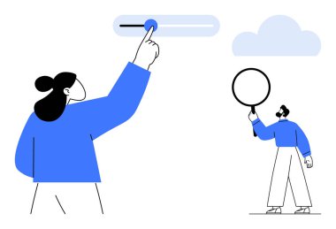 Kadın interaktif kaydırıcıyı ayarlıyor, adam büyüteci buluta doğru tutuyor. Özelleştirme, keşif, problem çözme, teknik analiz, bulut hesaplama, yenilik, basit