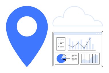 Büyük mavi coğrafi konum ikonu, bulut çizgisi ve grafik, grafik ve raporlarla dolu gösterge paneli. Analiz, coğrafi konum, bulut depolama, büyük veri navigasyon SaaS araçları için ideal basit iniş sayfası