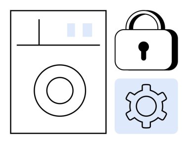 Çamaşır makinesi, güvenlik kilidi ve teçhizat sembolü ev aletlerinin korunmasını, teknoloji entegrasyonunu vurguluyor. Siber güvenlik, güvenlik, akıllı aygıtlar, IOT, veri koruma otomasyonu için ideal basit