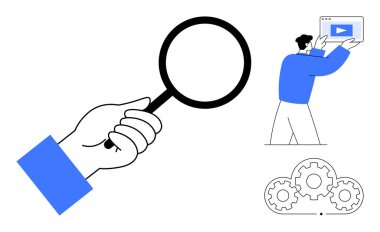 Büyüteç, video ekranı tutan adam ve dişli simgeleri araştırmayı, analizi, yaratıcılığı ve yeniliği ön plana çıkarıyor. Strateji, takım çalışması, eğitim sorunları çözmek için ideal