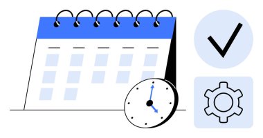 Zaman yönetimi, görev planlaması ve organizasyon için spiral bağlayıcı, analog saat, kontrol işareti ve dişli simgesi takvimi. Üretkenlik, zamanlama ve iş akışını izlemek için ideal süre