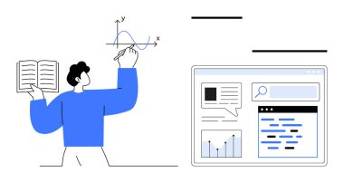 Çizelge ve veri içeren bir tarayıcı penceresi olan bir kitap tutarken bir grafik oluşturan kişi. Analiz, eğitim, araştırma, strateji, görselleştirme, teknoloji, basit iniş sayfası için ideal