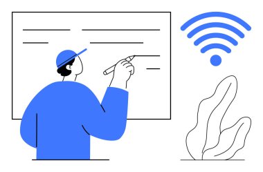 Beyaz tahtaya çizgiler, kablosuz ağ ikonu ve dekoratif bitki içeren bir şapka giyen kişi. Teknoloji, eğitim, kablosuz iletişim, beyin fırtınası, işbirliği, uzaktan kumanda için ideal