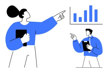 İki kişi bir bar çizelgesini incelerken fikir alışverişinde bulunuyor. Bir tablet, ilerlemeyi, takım çalışmasını ve veriye dayalı kararları vurguluyor. İş, strateji, analiz ve takım çalışması için ideal