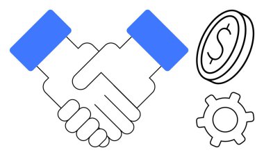 Güven ve işbirliğini temsil eden el sıkışma, finans veya fon için madeni para ve takım çalışması ya da operasyonları belirten dişliler. İş için ideal, takım çalışması, finans, işbirliği, ortaklık, müzakere