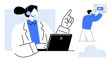 Kulaklık takan müşteri destek ajanı laptopta çalışıyor, teknisyen yakınlarda yayın yapan bir arayüz tutuyor. Müşteri hizmetleri, teknik destek, çevrimiçi yardım, iş eğitimi, teknik çözümler için ideal