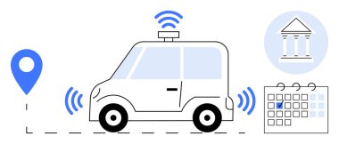 Varış noktası belli bir rotada kendi kendine giden araç, kablosuz sinyaller ve takvim, planlı bir ziyaret. Teknoloji, navigasyon, otomasyon, yenilik, kentsel planlama için ideal