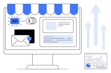 E- posta uyarısı, reklam afişi, dolar sembolü, analitik çizelgesi, büyüme okları olan bilgisayar. E-ticaret, çevrimiçi pazarlama, iş analizleri, dijital satış web sitesi yönetimi girişimciliği için ideal