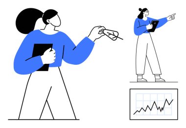 Elinde tablet tutan kadın, büyüme eğilimli bir grafiğe işaret ediyor. İş, liderlik, analitik, sunumlar, karar verme, strateji, basit iniş sayfası için ideal