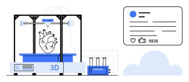 3D yazıcı kalp modeli üretiyor ve sosyal medya paylaşımında başparmaklar ve yorumlar yer alıyor. Tıbbi yenilik, biyomühendislik, teknoloji, sosyal medya etkisi, gelecekteki eğilimler için ideal
