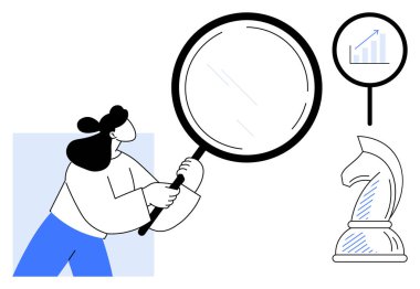 Elinde büyüteç tutan kadın ayrıntıları inceliyor. Yanında da büyüme çizelgesi ve satranç şövalyesi var. Analiz, strateji, planlama, karar verme, büyüme ve araştırma için ideal. Düz basit metafor