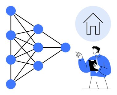 Konutlandırma simgesine bağlı sinirsel ağ diyagramı ise konseptte profesyonel bir nokta. Yapay zeka, teknoloji, eğitim, makine eğitimi, veri analizi, yenilik ve karar verme için idealdir. Düz