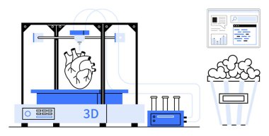 3D yazıcı, insan kalbi modeli, bilimsel ekipman, veri gösterge paneli ve patlamış mısır makinesi yapıyor. Yenilik, sağlık, teknoloji, bilim, eğitim yaratıcılığı için ideal basit bir iniş sayfası
