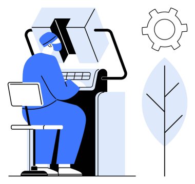 Kontrol panelinde oturan teknisyen işletim mekanizması, dişli ve bitki ikonu yenilik ve sürdürülebilirliği sembolize ediyor. Otomasyon, endüstri, teknoloji, çevre dostu, enerji ve verimlilik için ideal