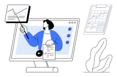 Grafikler, raporlar ve analizlerle monitörde sanal sunum yapan kişi. Eğitim, webinarlar, veri görselleştirme, istatistik, pazarlama, uzaktan iniş sayfası için ideal