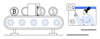 Vites kontrollü taşıma işlemleri Bitcoin ve Dollar bozuklukları çevrimiçi bir öğrenicinin yanında video aramasında. Finans, otomasyon, engelleme zinciri, eğitim, e-öğrenme, yenilik ve gelecekteki teknoloji için ideal. Düz
