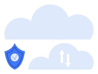 Yukarı ve aşağı ok, güvenlik kalkanı ve işaretli bulut simgeleri. Veri güvenliği, bulut hesaplama, çevrimiçi depolama, koruma, sunucu, bilgi aktarımı için ideal basit iniş sayfası