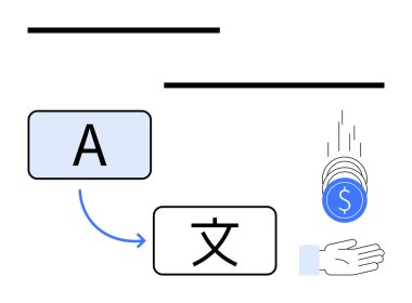Metni olan iki blok, çeviri işlemini simgeleyen ok para ve ödemeyi gösteren el simgeleri. Finans, çeviri hizmetleri, küresel iletişim, e-ticaret, eğitim için ideal