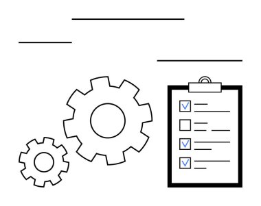 İşaretli öğelerin bulunduğu bir listenin yanında vites simgeleri etkinlik, organizasyon ve iş akışı optimizasyonunu önerir. Üretkenlik, takım çalışması, planlama, süreç optimizasyonu, otomasyon, strateji için ideal
