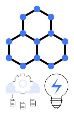 Bulut deposunun üstündeki altıgen düğüm bağlantıları, belgeli ekipman ve enerji cıvatalı ampul. Teknoloji, ağ oluşturma, yenilik, bulut hesaplama, veri depolama, enerji düzlüğü için ideal