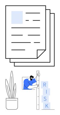 Kâğıtlar düzgünce istiflenmiş, cetvel ölçüm blokları olan risk etiketli bir adam, kenara saksı bitkisi. Risk yönetimi, analiz, iş stratejisi, takım çalışması, planlama, büyüme için ideal basit iniş sayfası