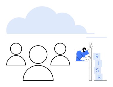 Bulutun önünde üç kullanıcı, merdivende RISK blokları düzenleyen biri. Takım çalışması, bulut teknolojisi, risk değerlendirmesi, proje yönetimi, güvenlik, strateji, basit iniş sayfası için ideal